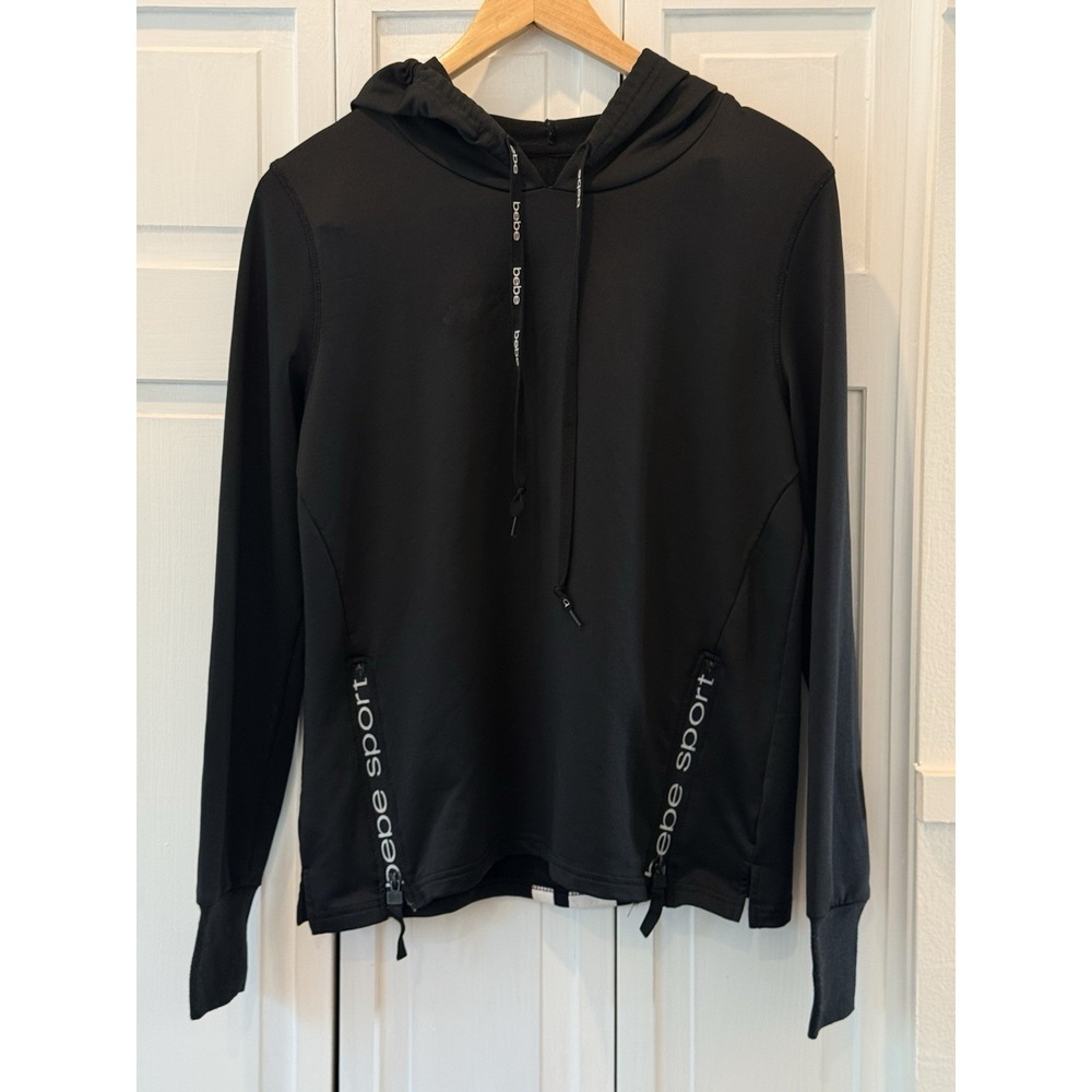 bebe Sport Black Womens M Full Zip Tape Hoodie Y2K‎ 90s Athletic Gym Streetwear